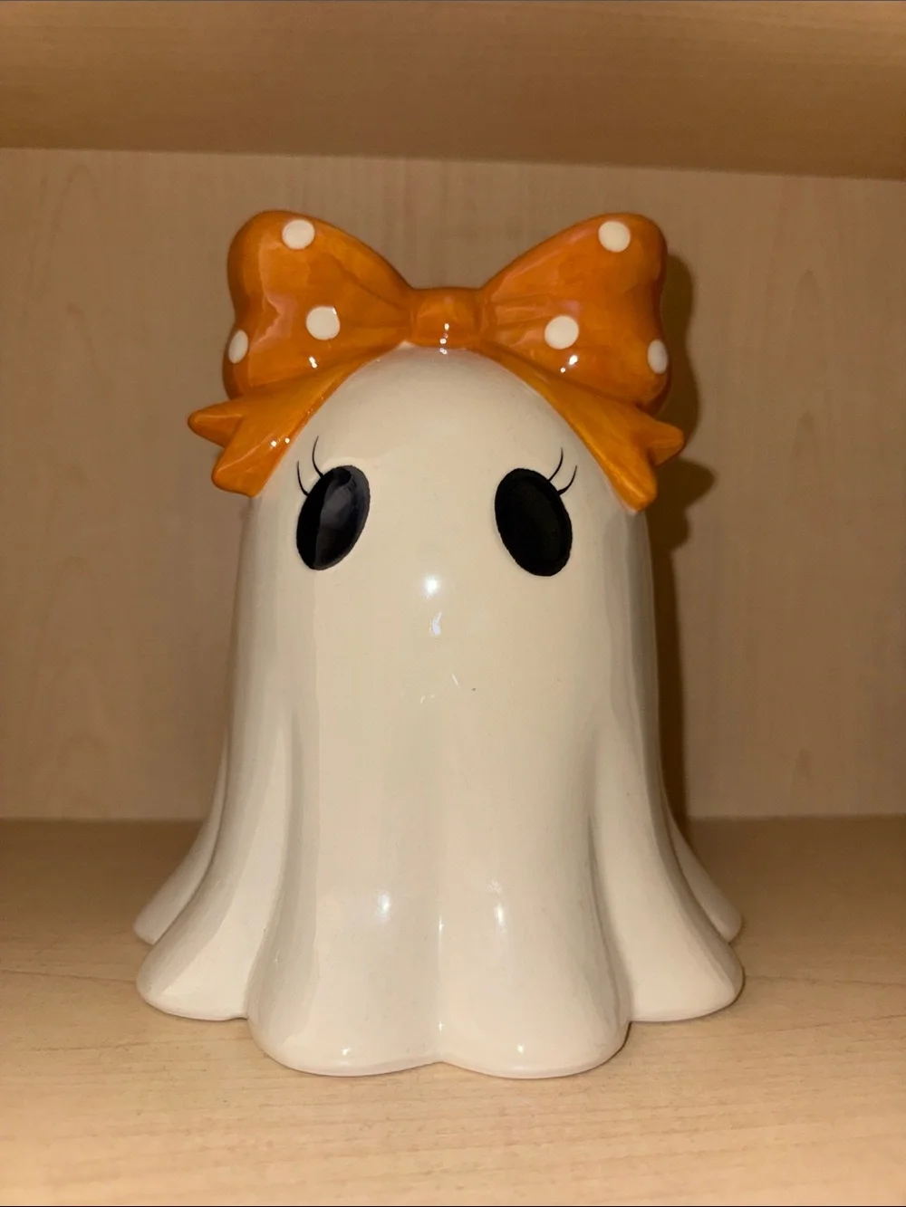 Cream Ceramic Ghost Figurine with Orange Polka Dot Bow